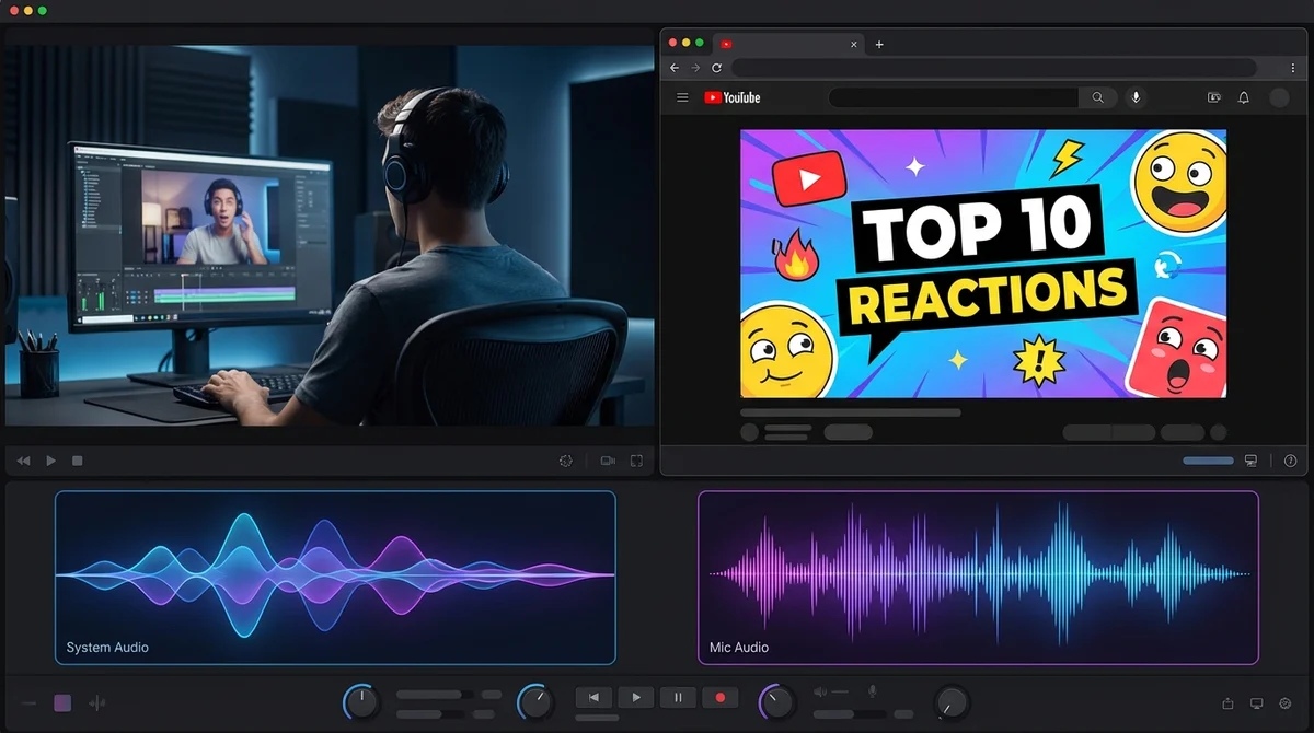 Illustration of reaction recording with separate system audio and microphone tracks